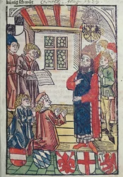 A rómaiak királya, Luxemburgi Zsigmond megkapja Frigyes osztrák herceg tiszteletét, 1483 (színes fametszet) (lásd még: 316982 és 336923)